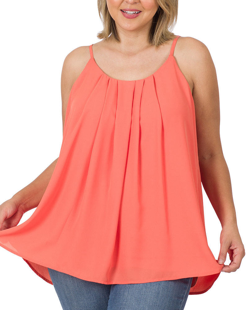 Curvy deep coral pleated tank top with adjustable spaghetti straps and relaxed fit.