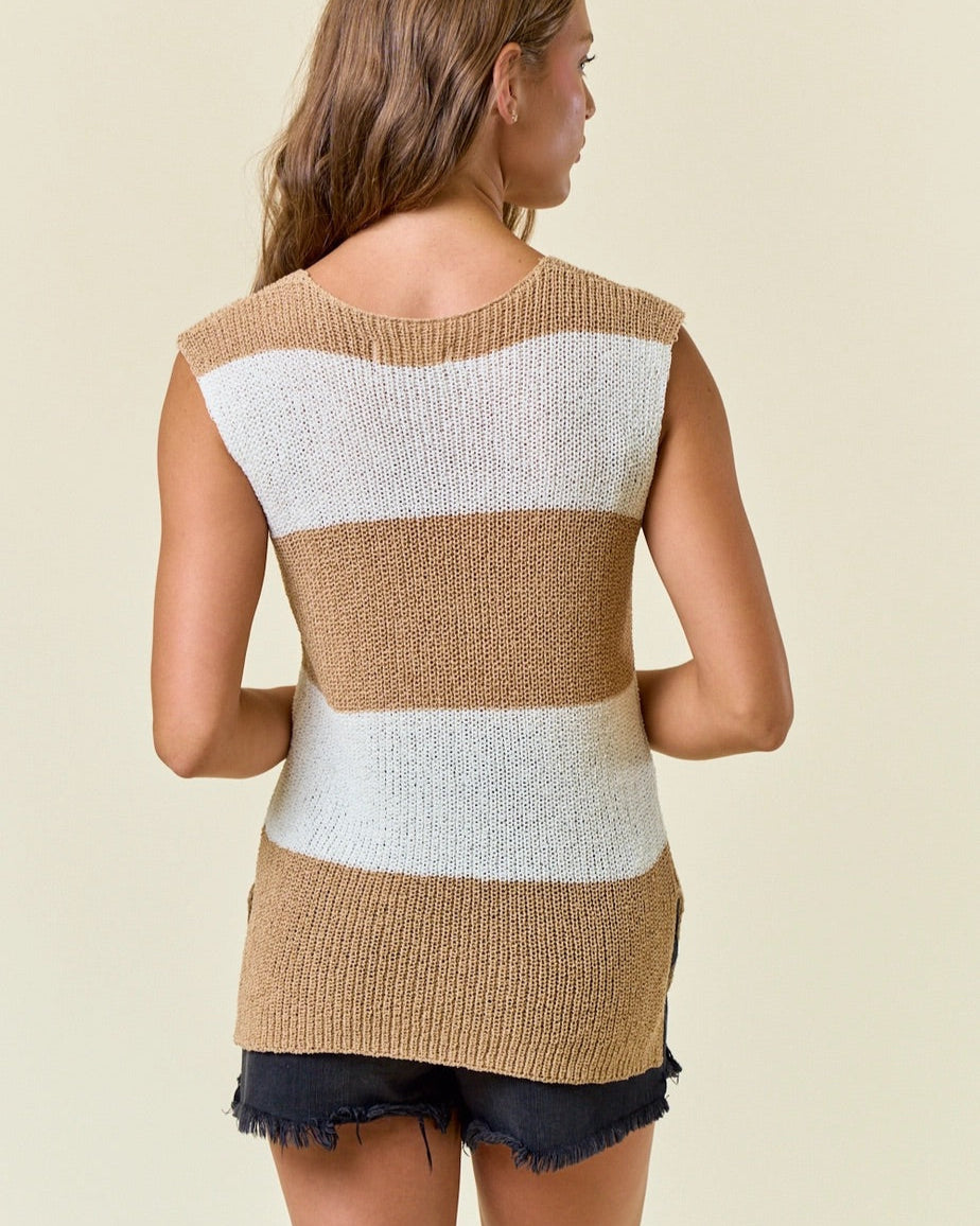 Wide striped knit sweater tank in sand and cream with side slits.