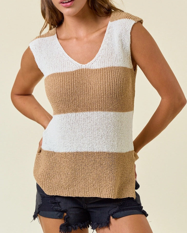 Wide striped knit sweater tank in sand and cream with side slits.