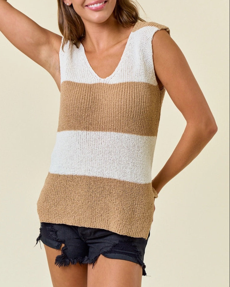 Wide striped knit sweater tank in sand and cream with side slits.