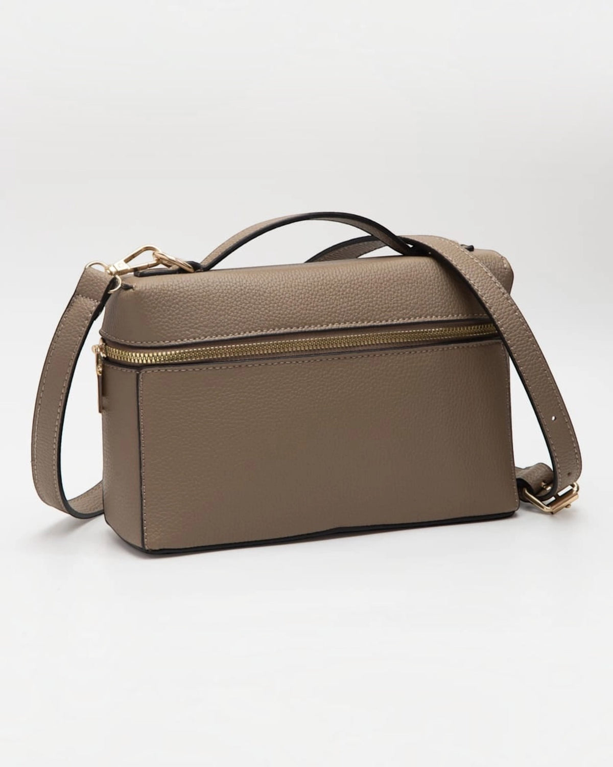 Cumin Top Handle Crossbody Pebbled Faux Leather Handbag with adjustable and removable shoulder strap and gold hardware.