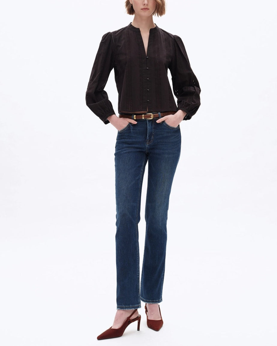 Mid-Rise Slim and Straight Super Stretch Jeans in Dark Blue with Finished Hem.