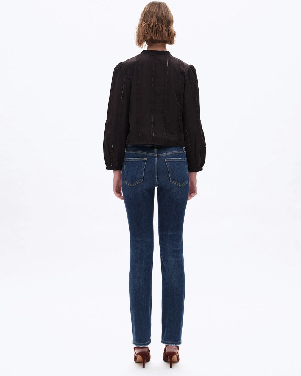 Mid-Rise Slim and Straight Super Stretch Jeans in Dark Blue with Finished Hem