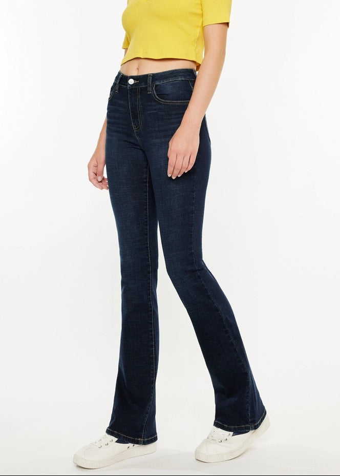 Kan Can High-Rise Dark Wash Bootcut Jeans with flattering fit and stretch denim.
