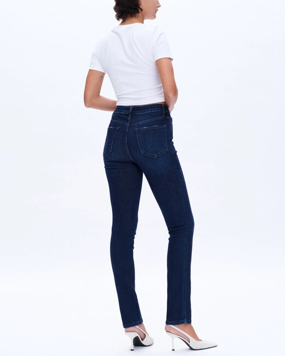 Slim and Straight Super Stretch Mid-Rise Jeans in Deep Sea Blue