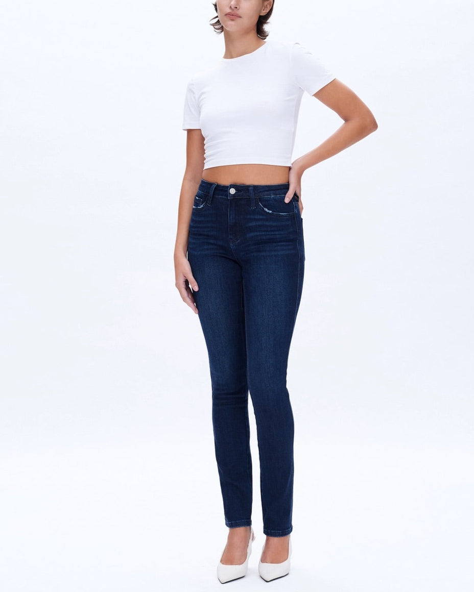 Slim and Straight Super Stretch Mid-Rise Jeans in Deep Sea Blue