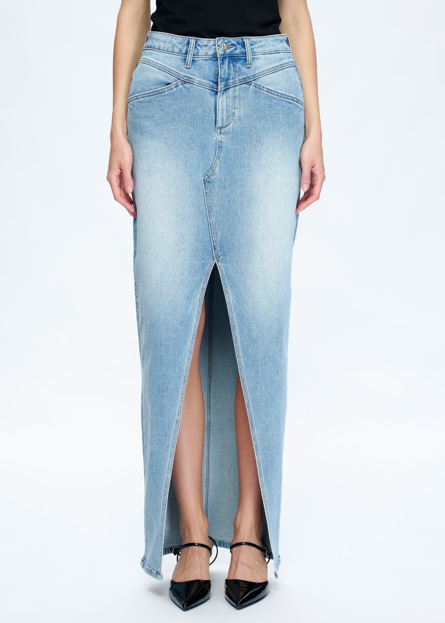 Periwinkle blue denim maxi skirt with front slit, mid to high-rise waist.