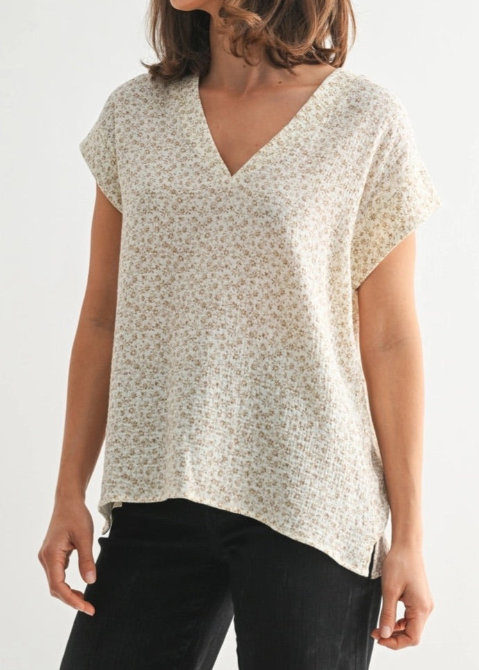 Cream short sleeve cotton blouse with delicate ditsy floral print