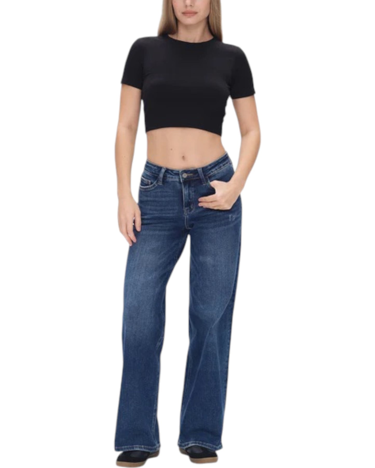 Easy Fit Mid Rise Wide Leg Jeans (Dark Blue)