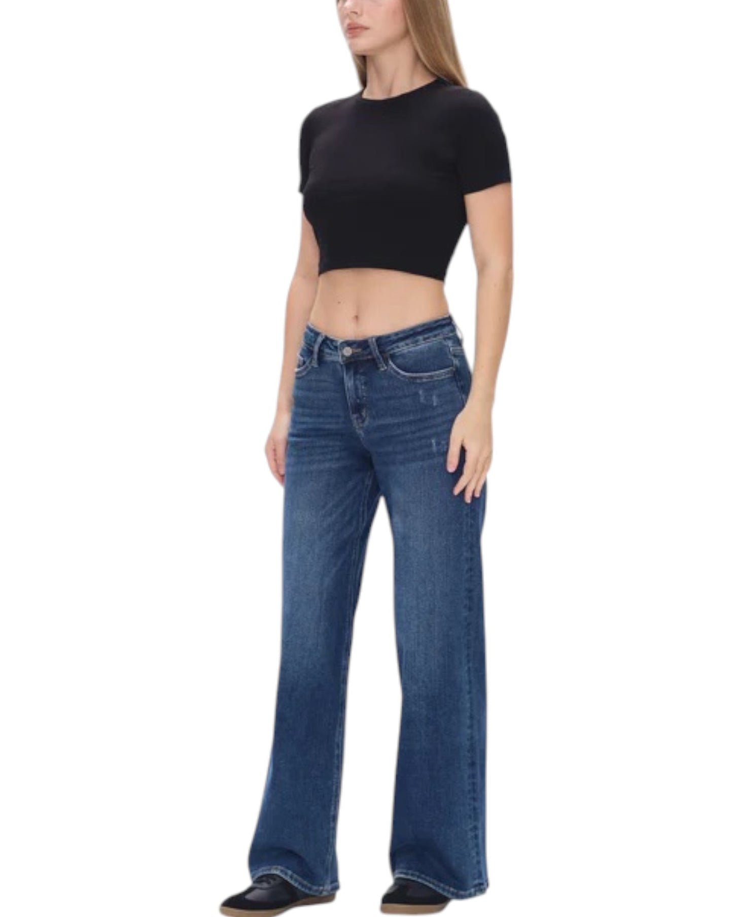 Easy Fit Mid Rise Wide Leg Jeans (Dark Blue)