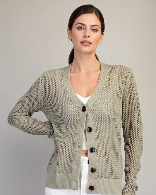 Dry Herb open-knit cardigan on model, showing button front and wide ribbed cuffs.