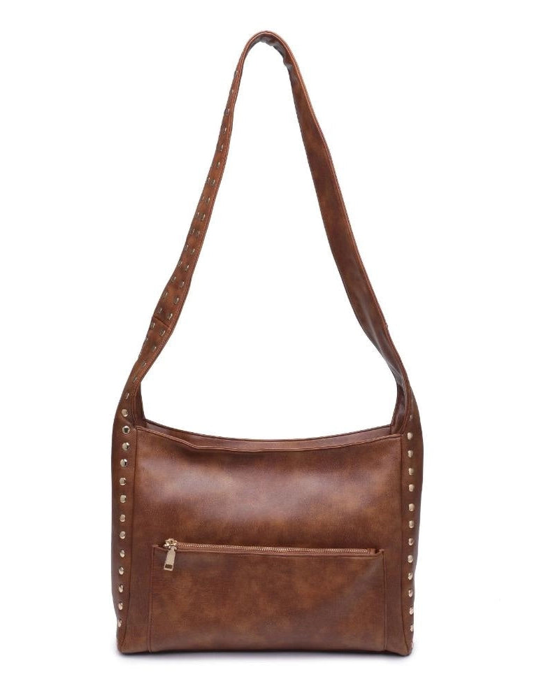 Chocolate studded crossbody bag with front and back zip pockets.