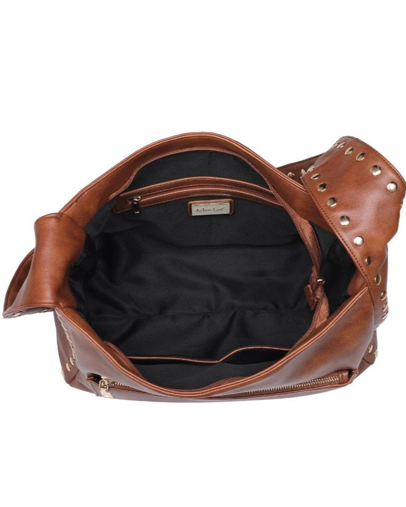 Chocolate studded crossbody bag with front and back zip pockets.