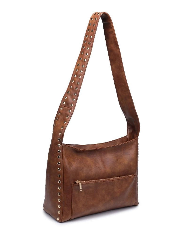 Chocolate studded crossbody bag with front and back zip pockets.