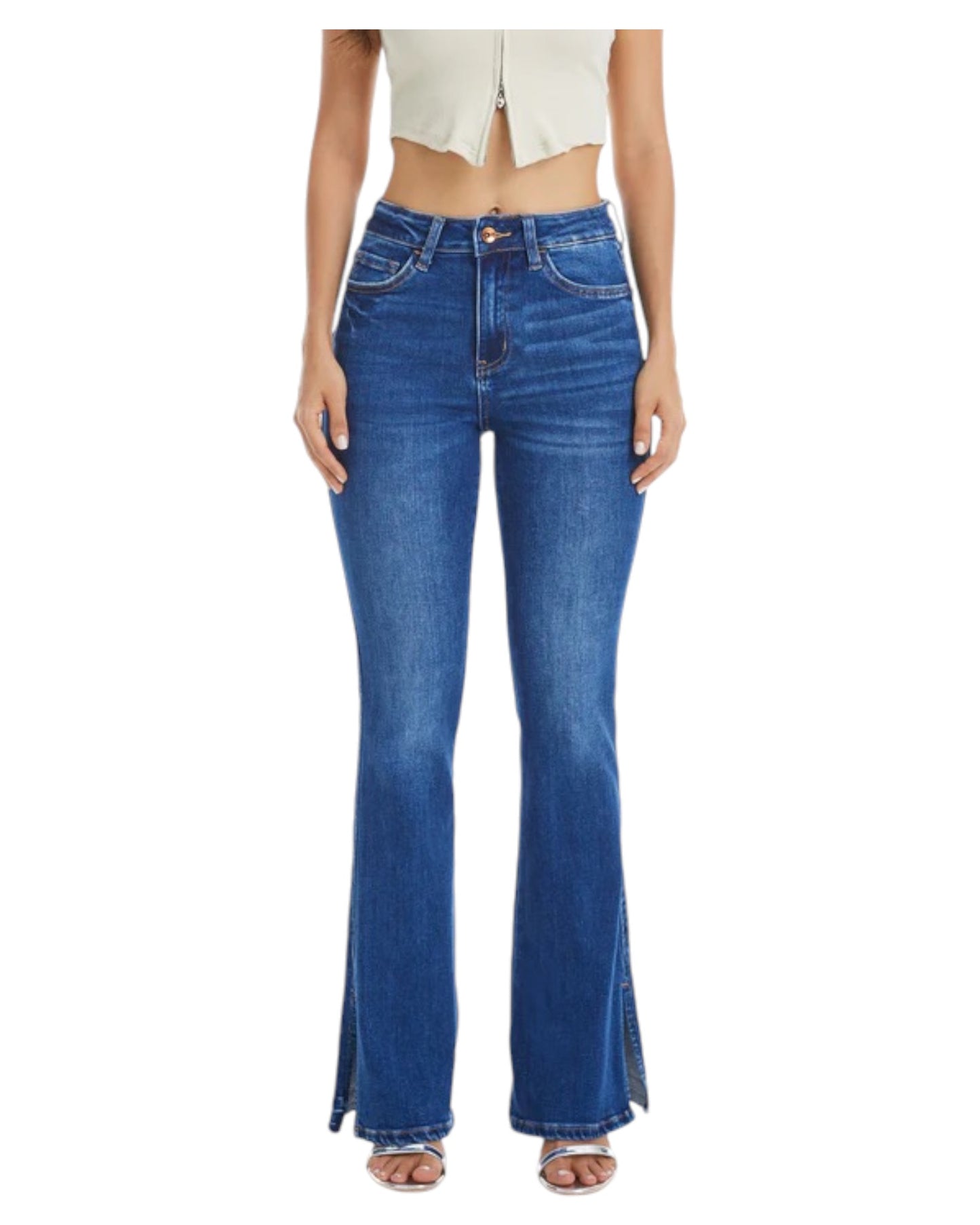Woman wearing High-Rise Flare Jean with Side Slit in Medium Blue.