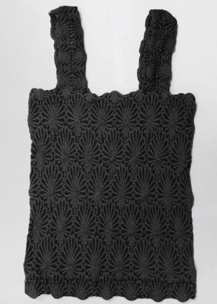 Charcoal fitted tank top with floral texture, square neckline and stretchy knit.