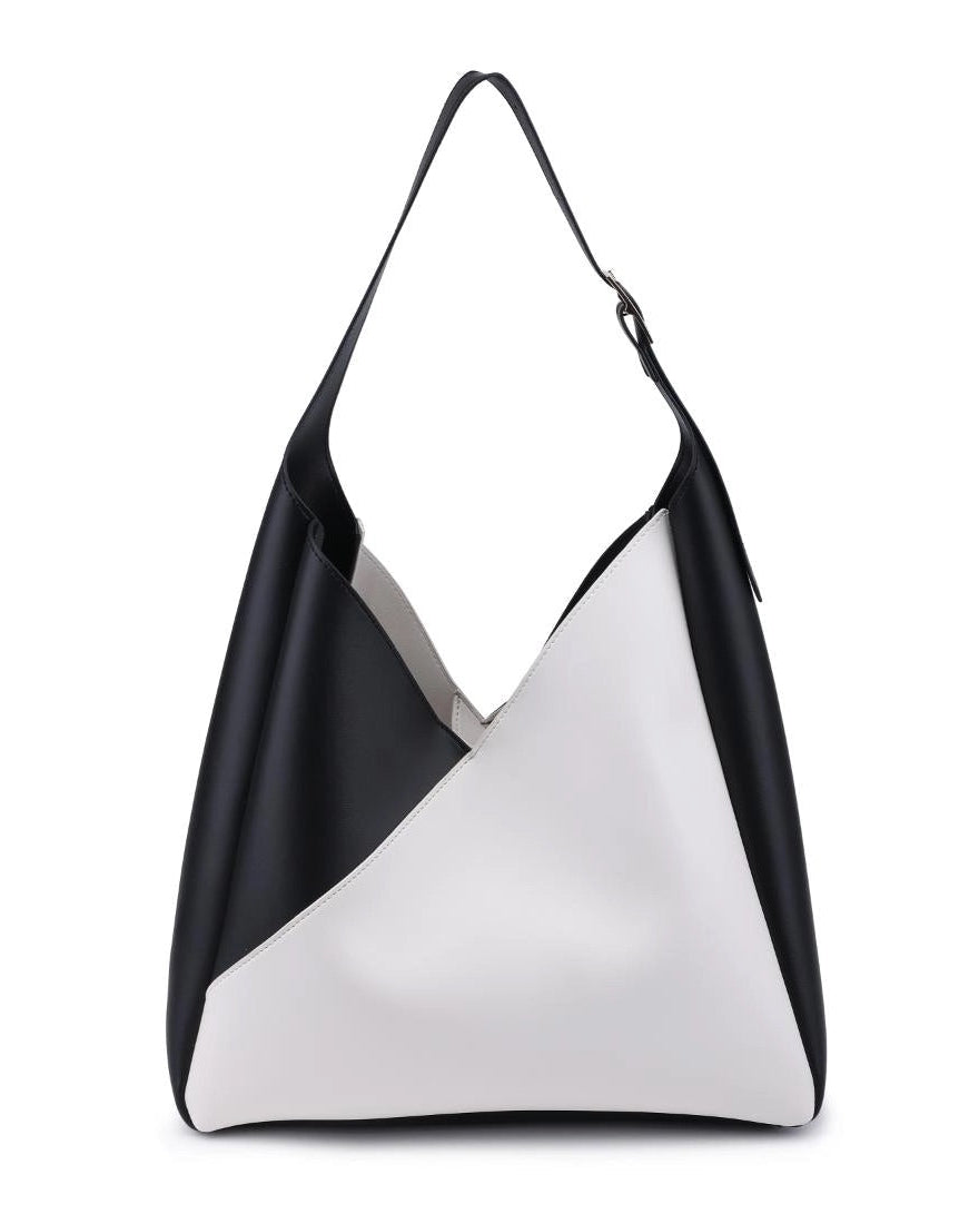 Large hobo handbag with asymmetric silhouette in black vegan leather.