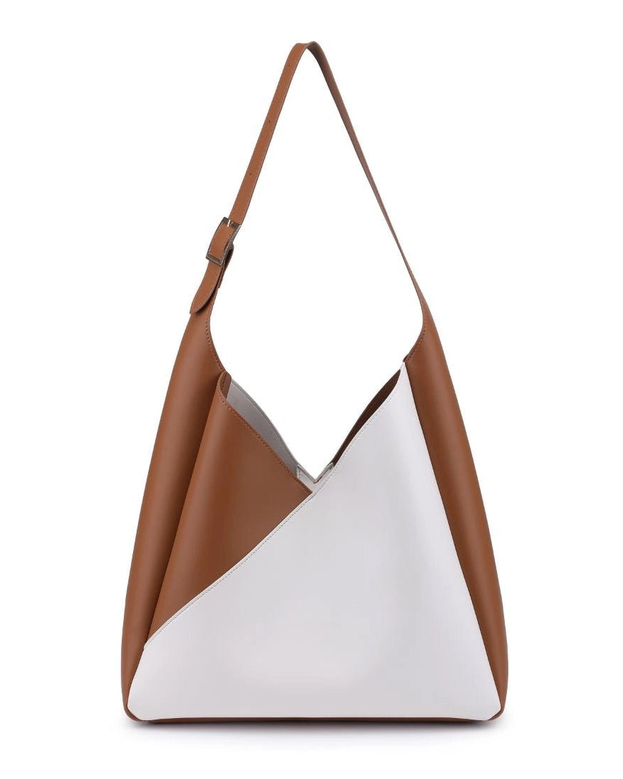 Large hobo handbag with asymmetric silhouette caramel vegan leather.