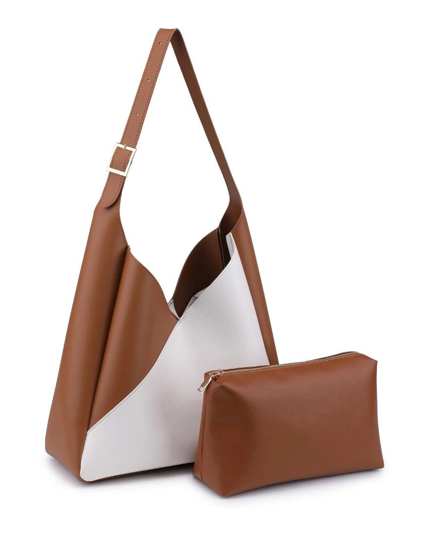 Brown and white handbag with matching pouch on a white background