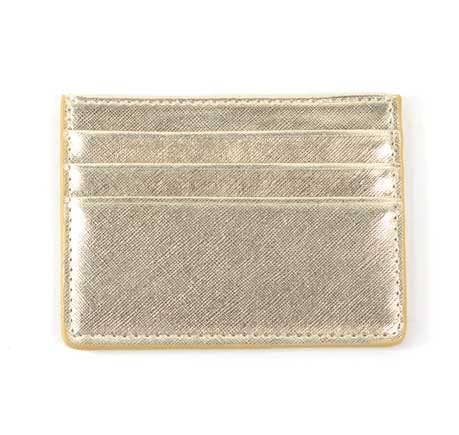 Slim vegan leather wallet with multiple card slots, shown in Gold.