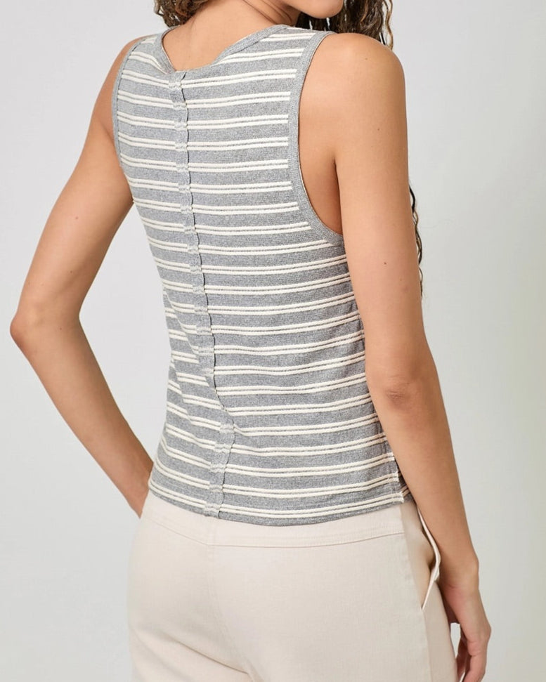 Grey and ivory striped tank top with scoop neck and raw edge seams.
