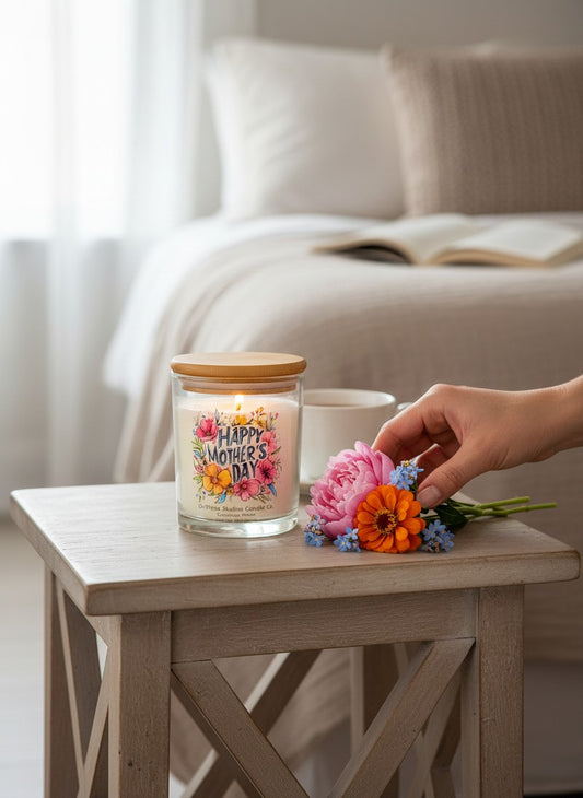 Candle with floral design on a small table next to a hand holding flowers, with a couch and book in the background.