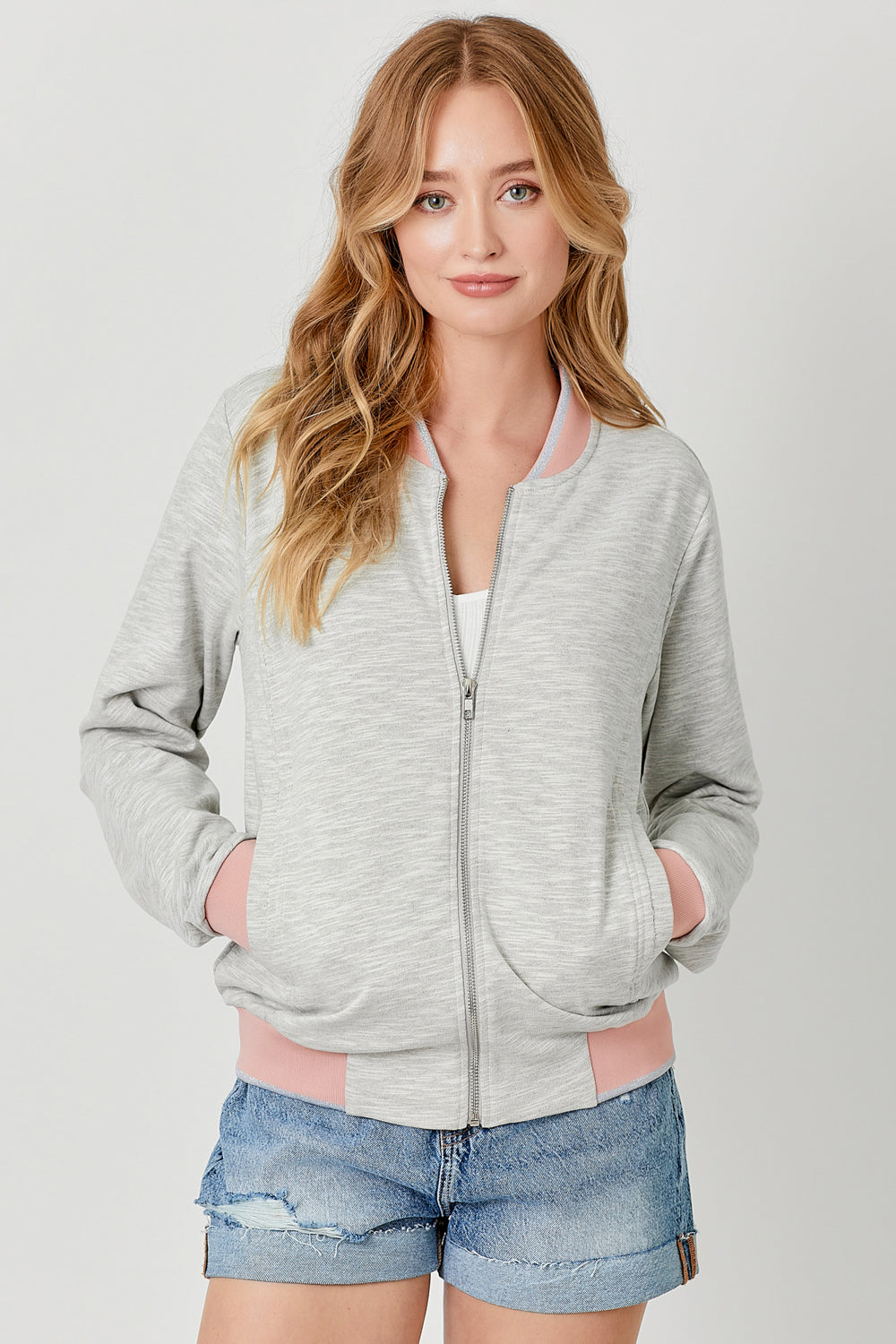 Heather grey bomber jacket with pink and silver contrast details on hem, sleeves and neckline.