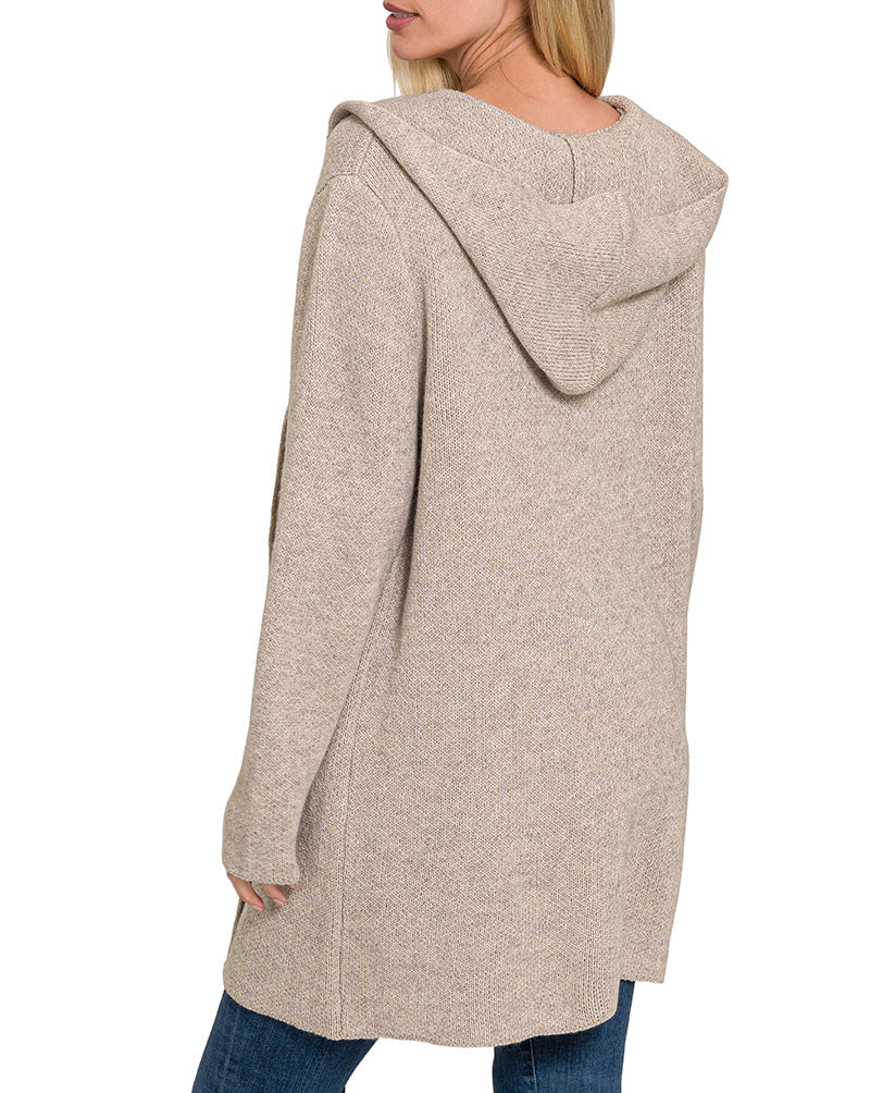 Woman wearing a Heather Mocha hooded open front cardigan with front pockets and mid-thigh length.