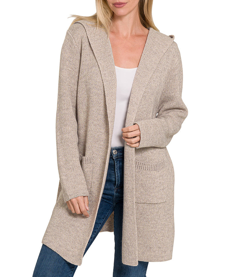 Woman wearing a Heather Mocha hooded open front cardigan with front pockets and mid-thigh length.