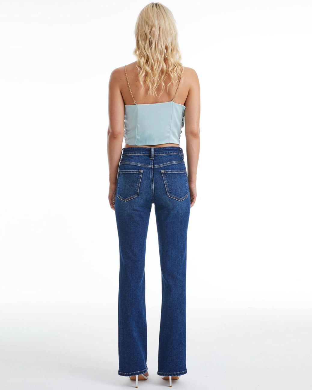 High-Rise Super Stretch Bootcut Jeans in Deep Sea Dark Blue.