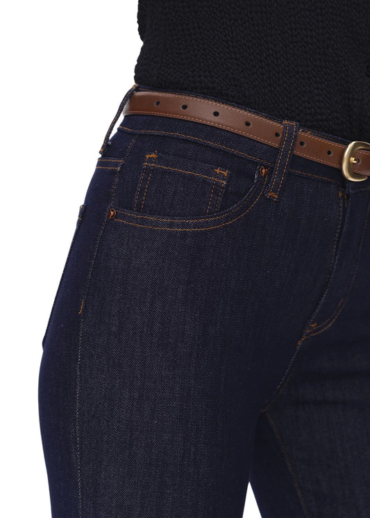 Dark blue jeans with a brown belt on a white background.