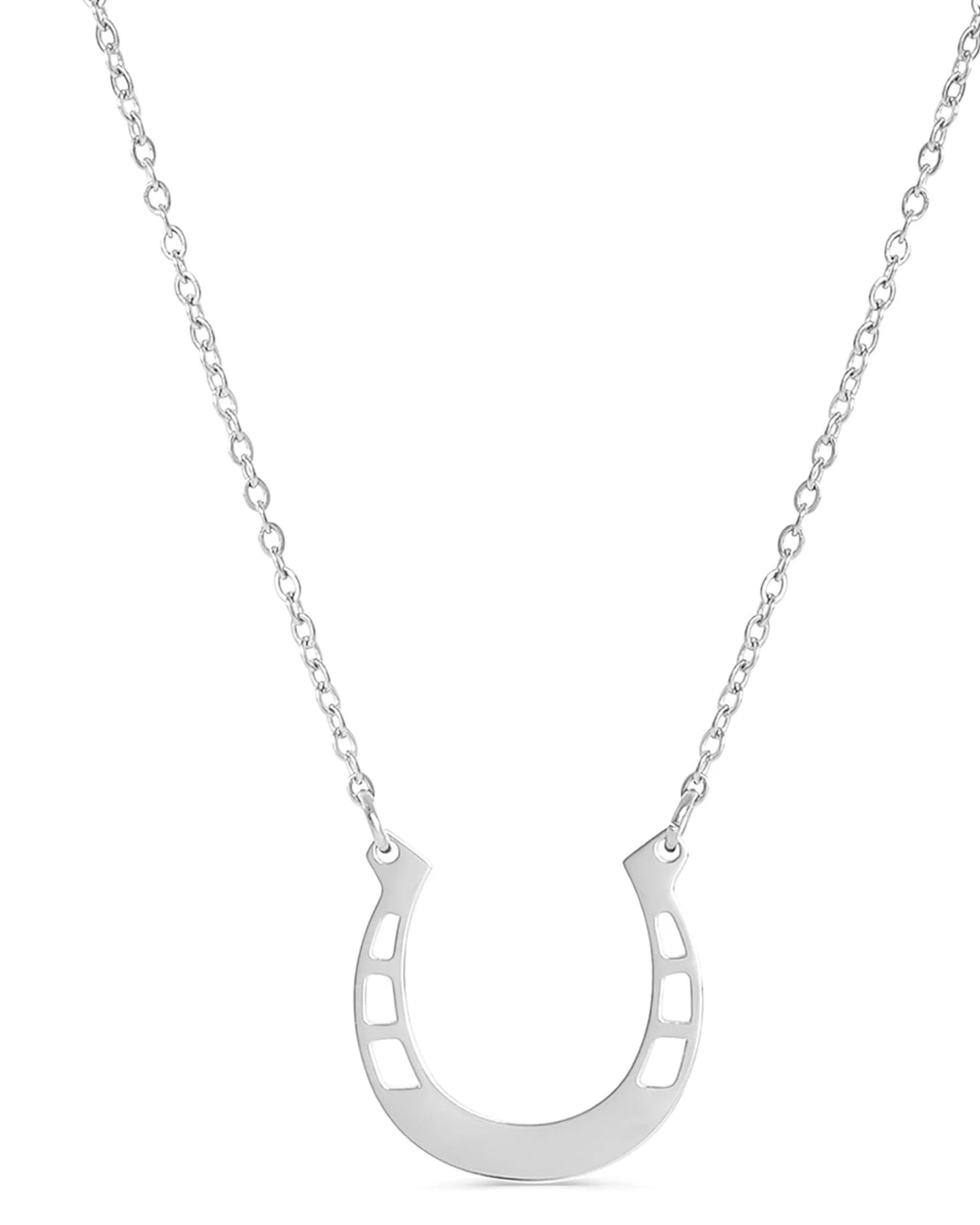 Silver horseshoe necklace on a white background.