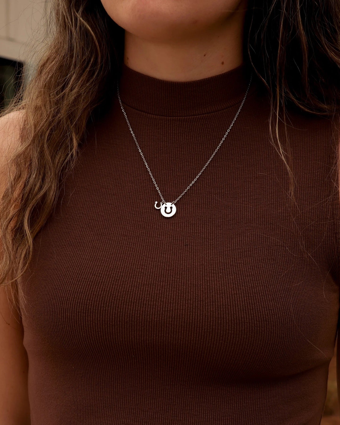 Person wearing a brown top and silver necklace with a small horseshoe pendant.
