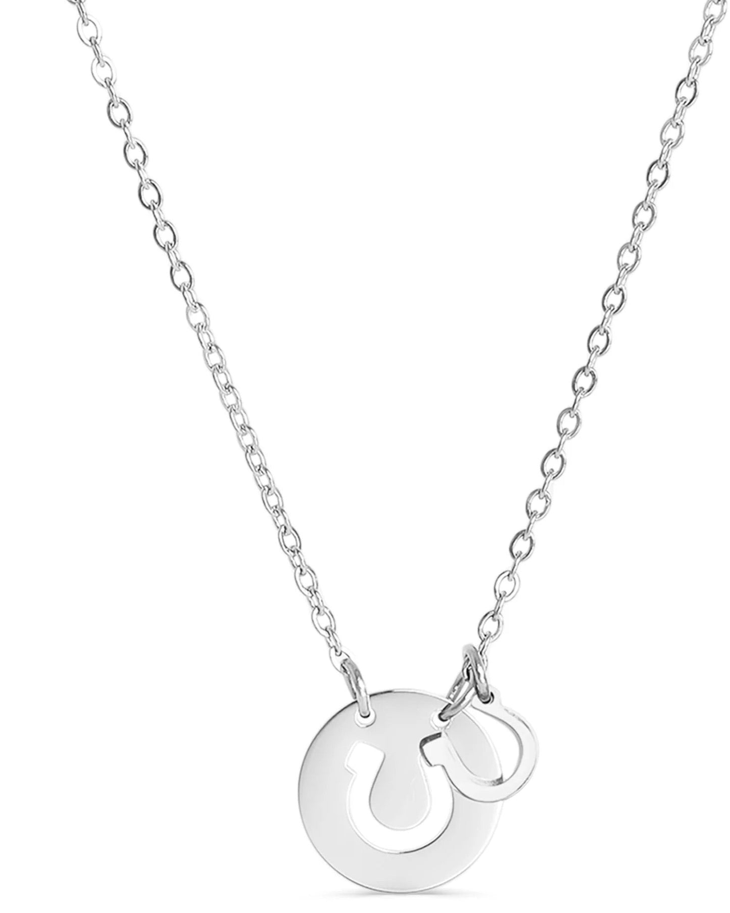 Silver necklace with a horseshoe pendant on a white background.