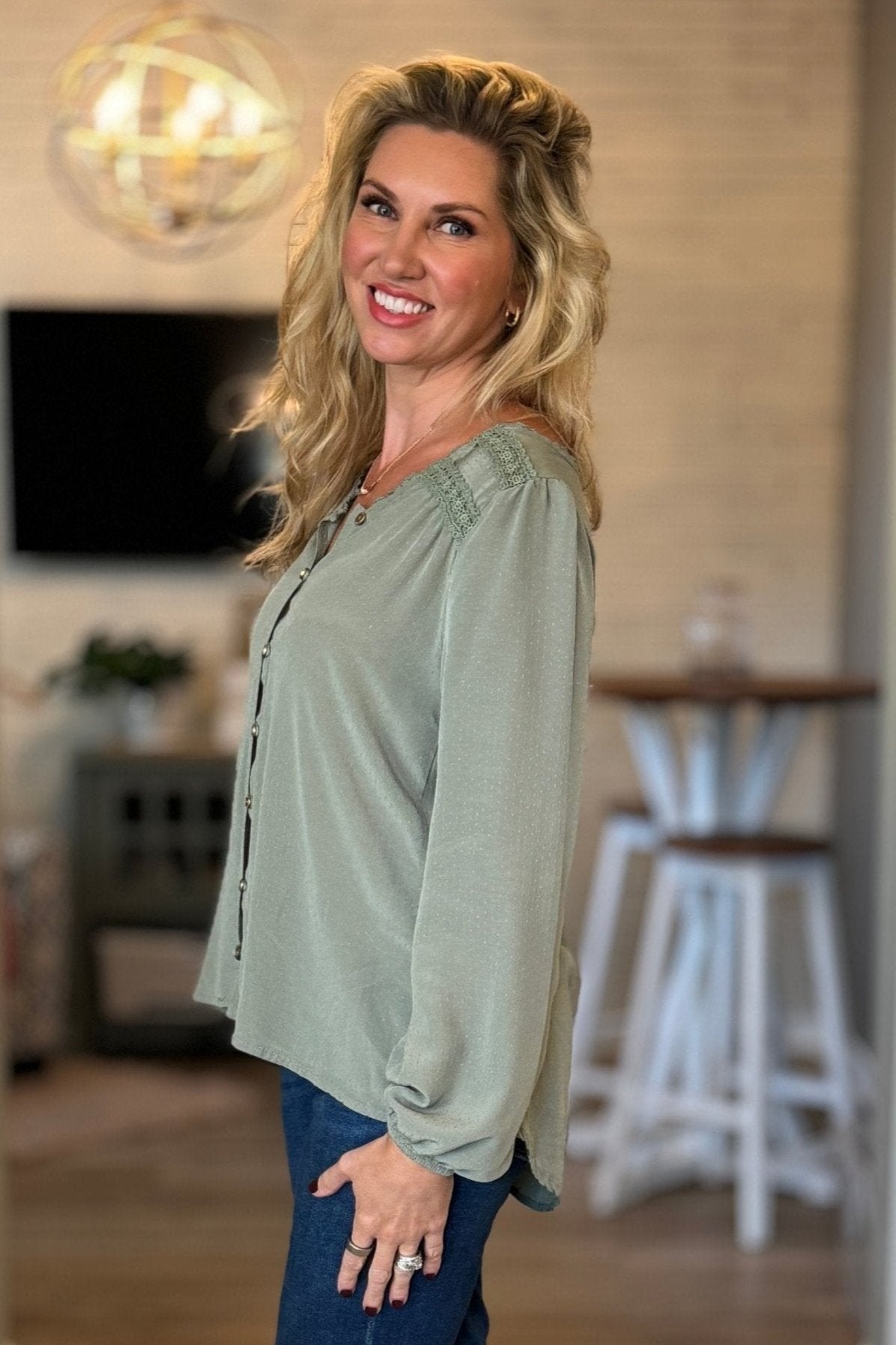 Tranquil Jade Embroidered Peasant Blouse
