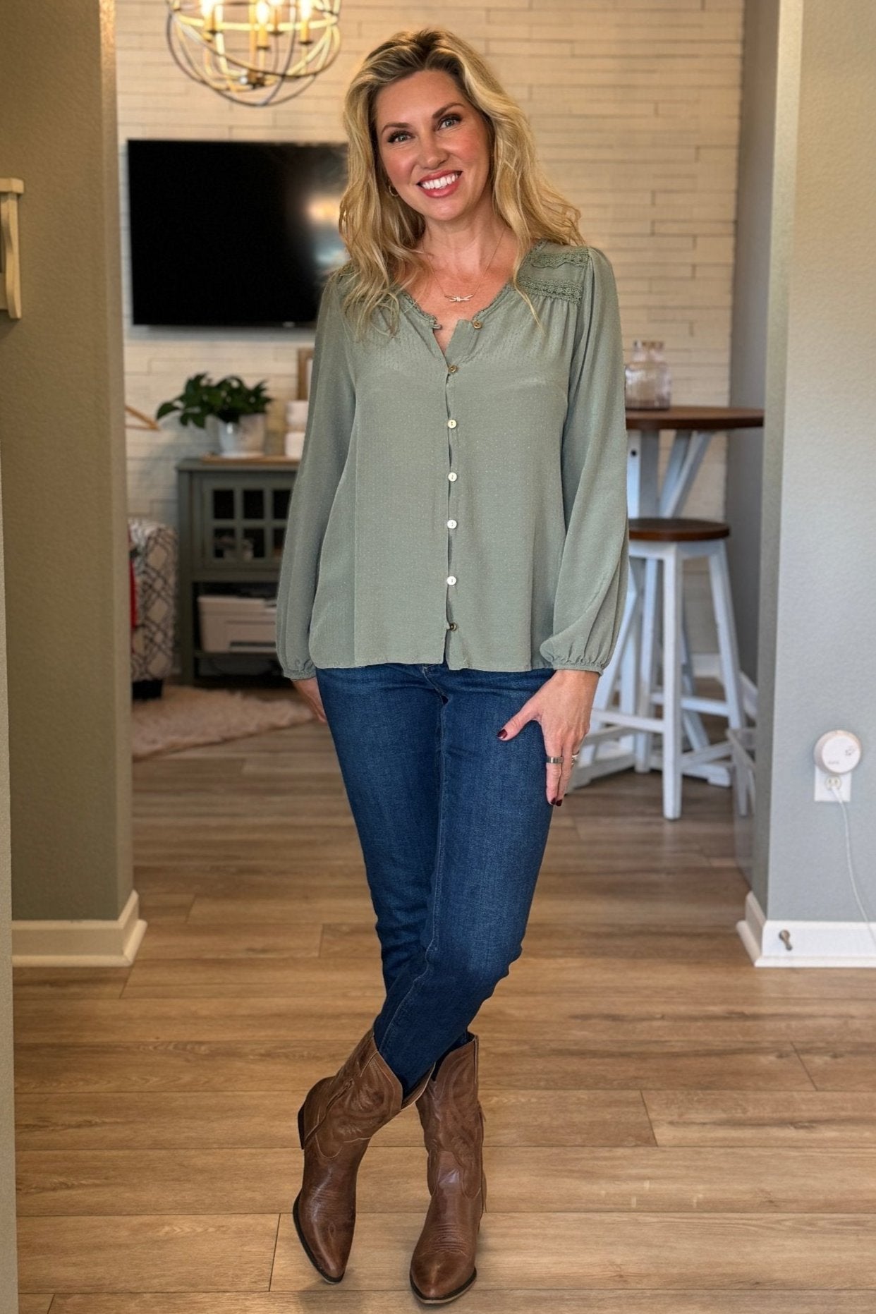 Tranquil Jade Embroidered Peasant Blouse