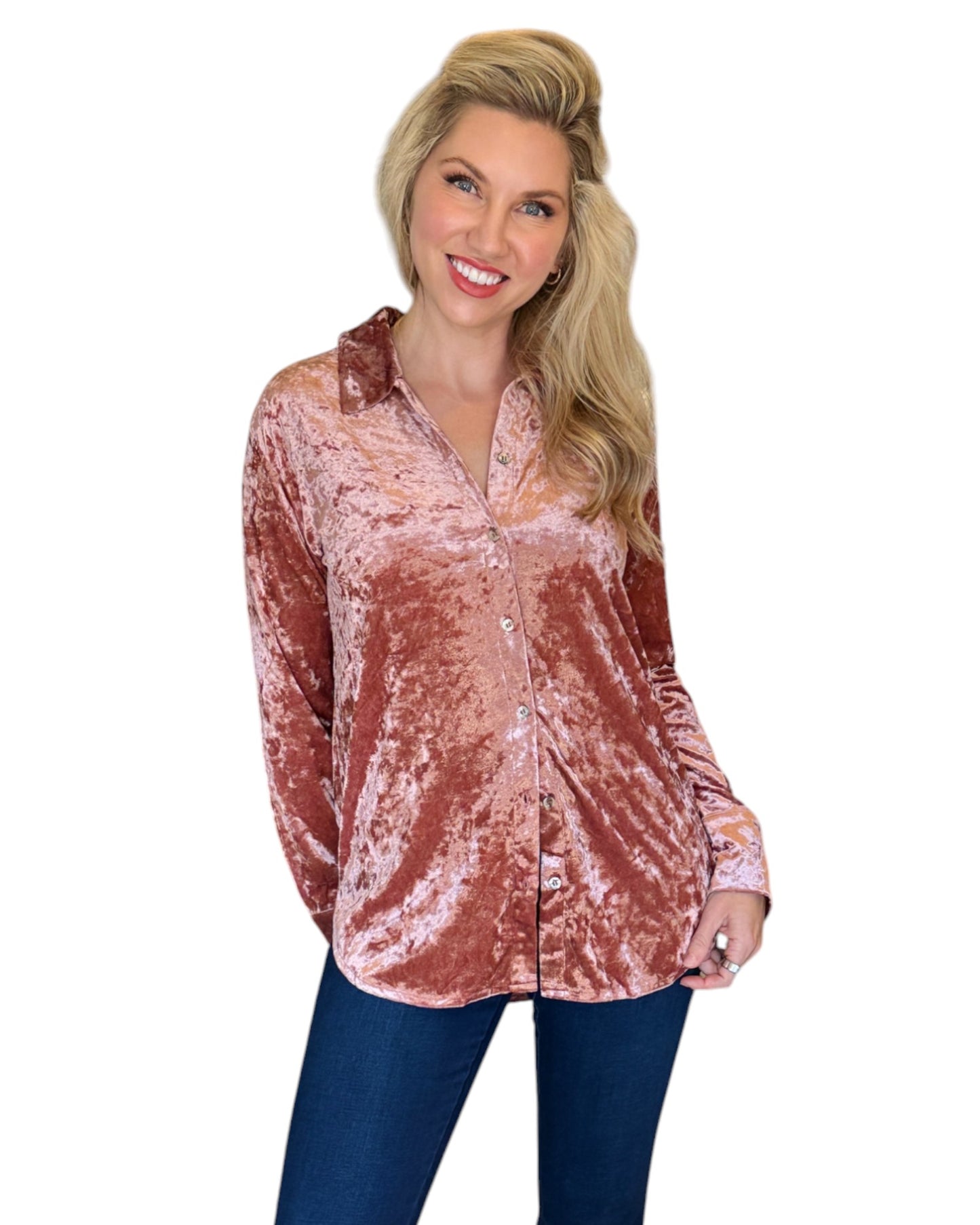 A Winter Rose Button-Down Velvet Shirt with a flattering, relaxed fit and button-front detail, perfect for holiday gatherings or a chic night out.