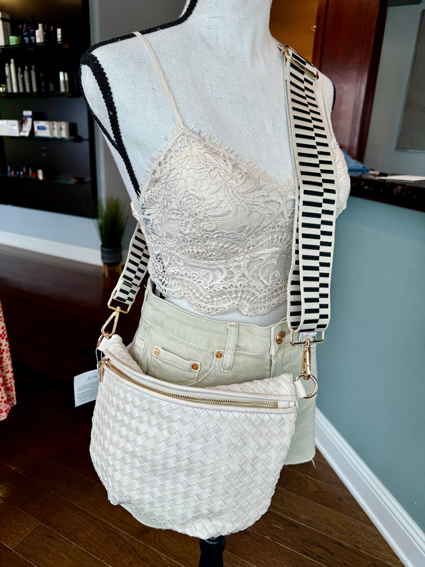 Cream woven faux leather crossbody / bum bag.