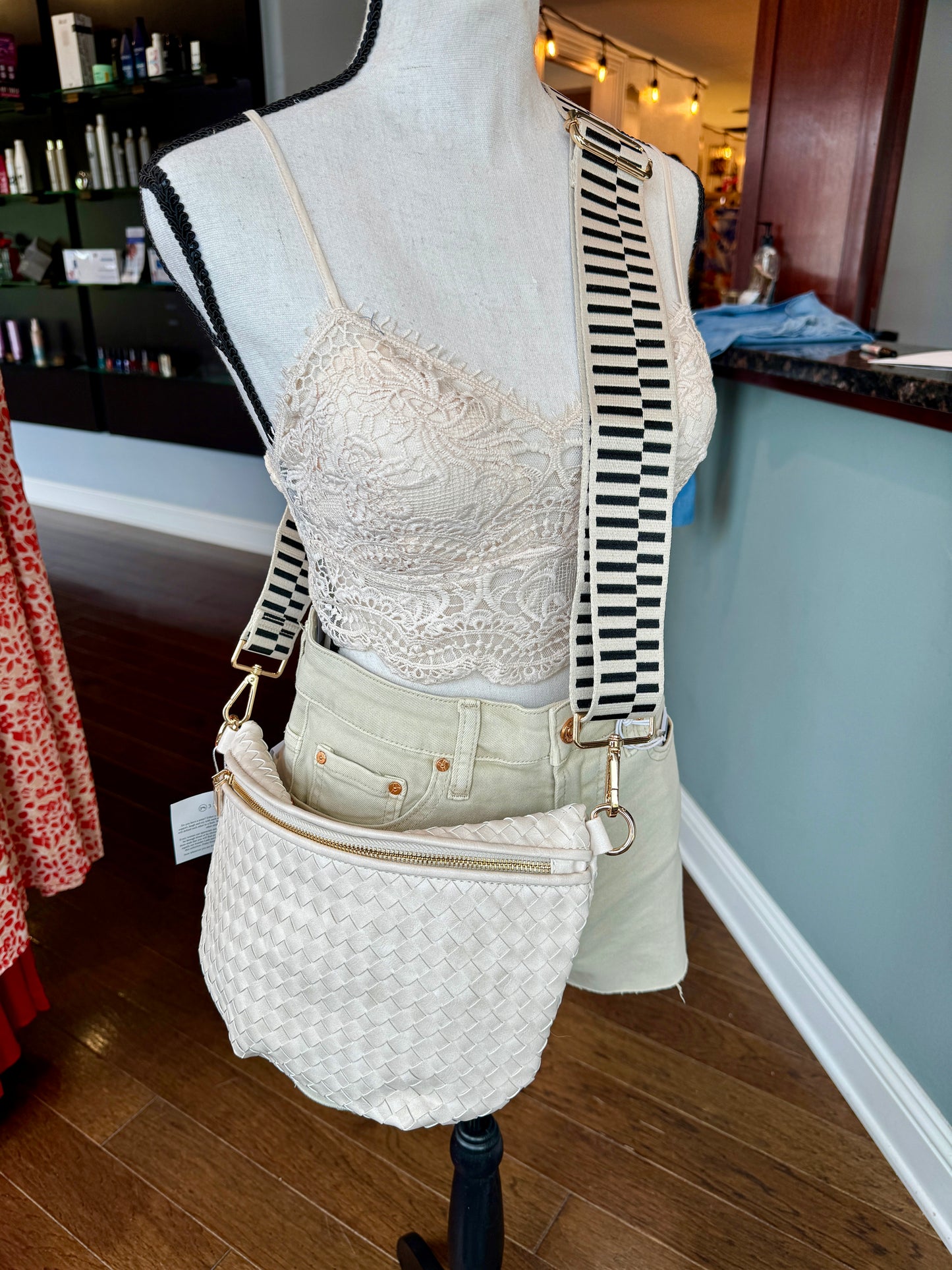 Cream woven faux leather crossbody / bum bag.