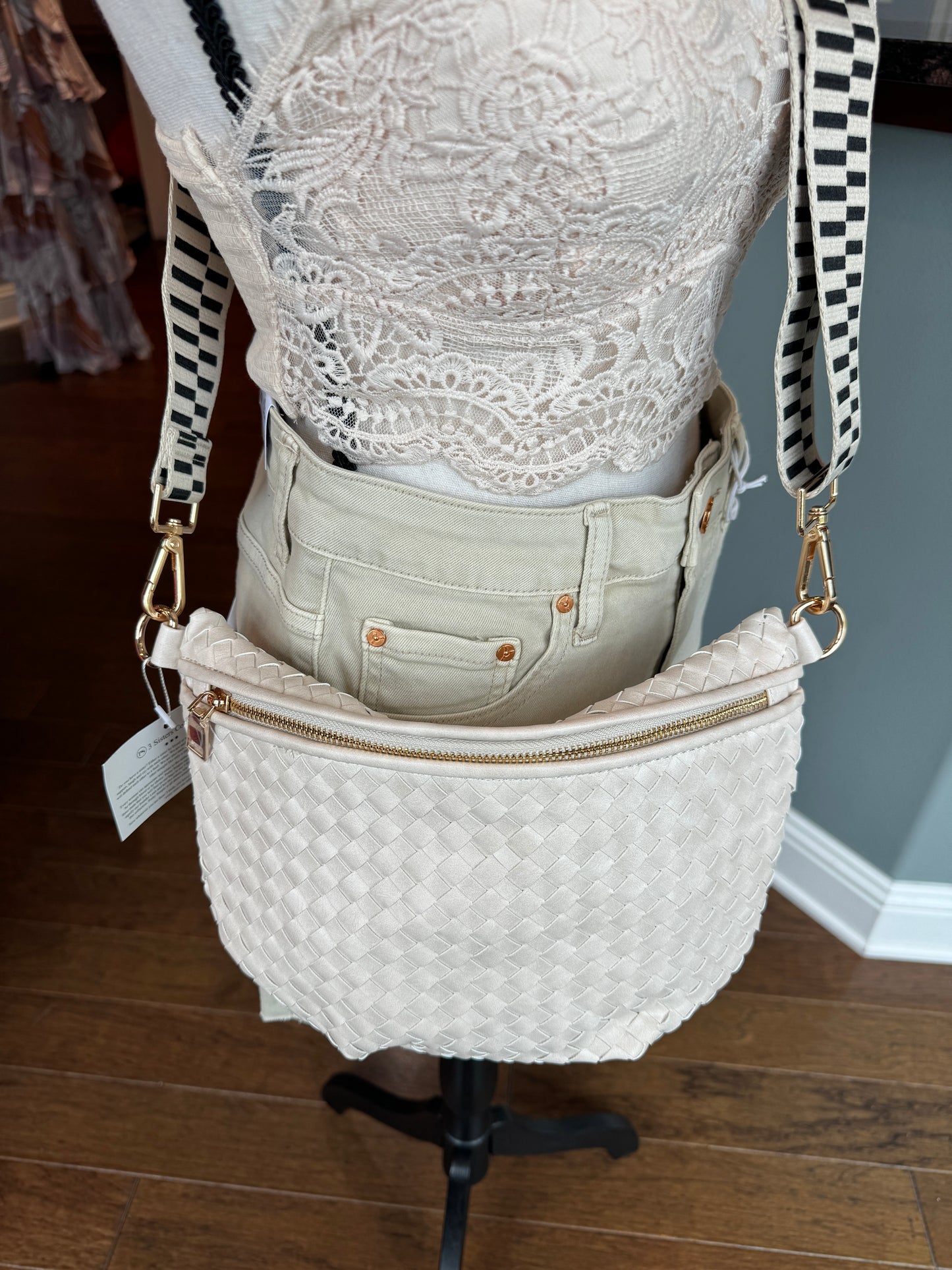 Cream Woven Faux Leather Crossbody / Bum Bag
