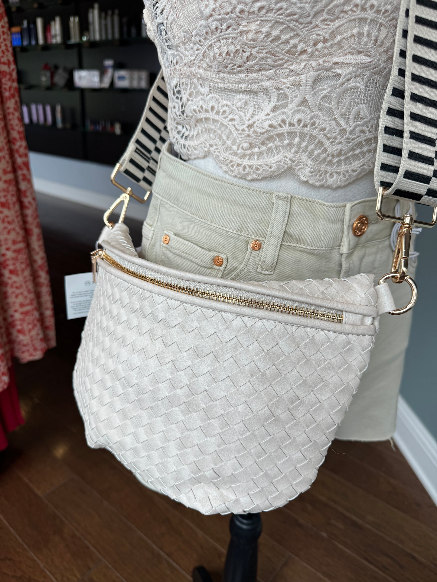 Cream woven faux leather crossbody / bum bag.