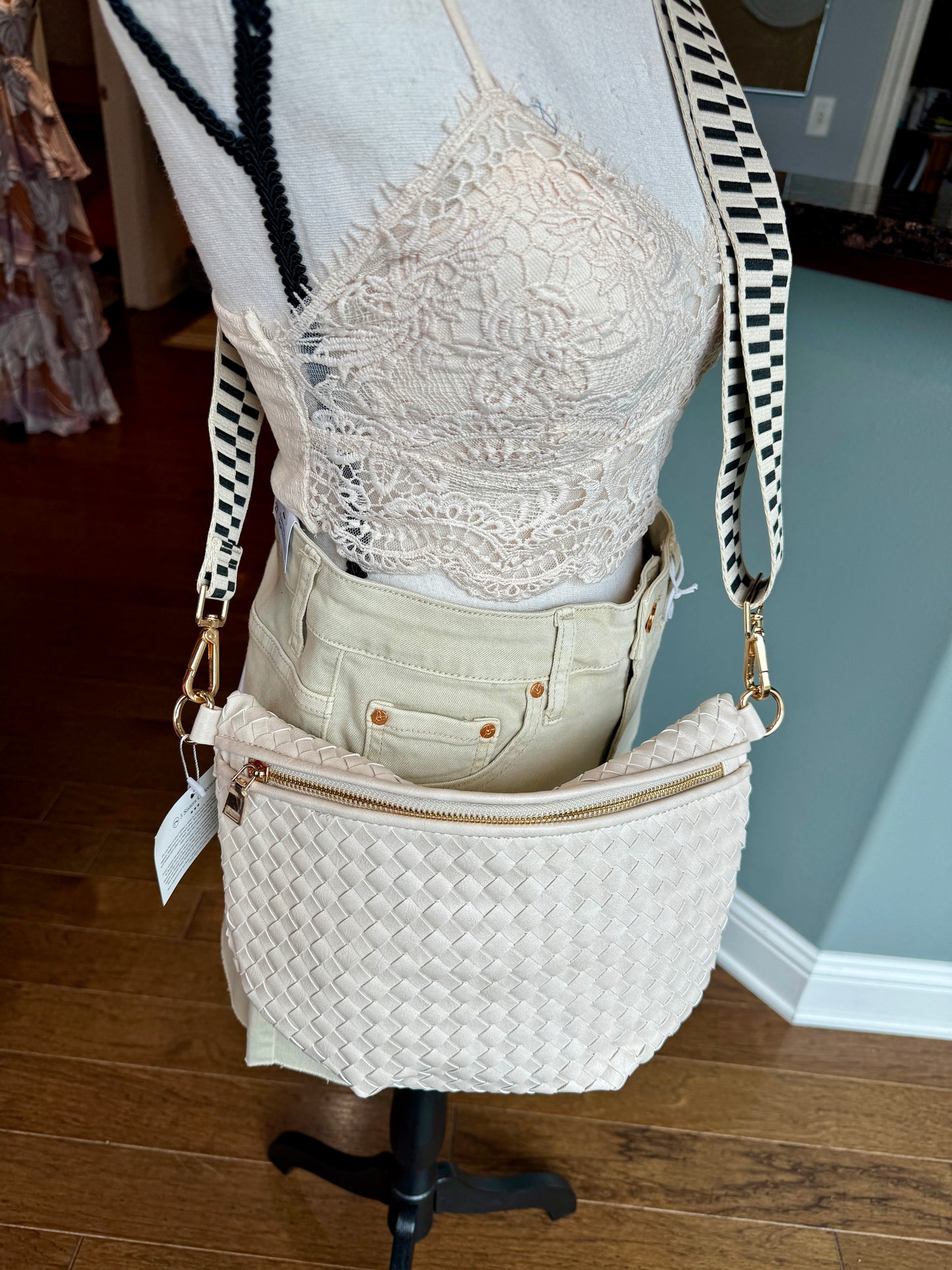 Cream woven faux leather crossbody / bum bag.