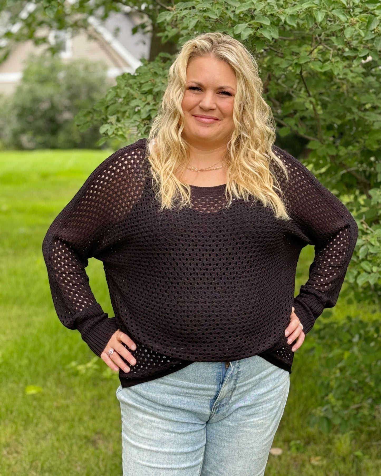 Curvy Black Open Knit Long Sleeve Top