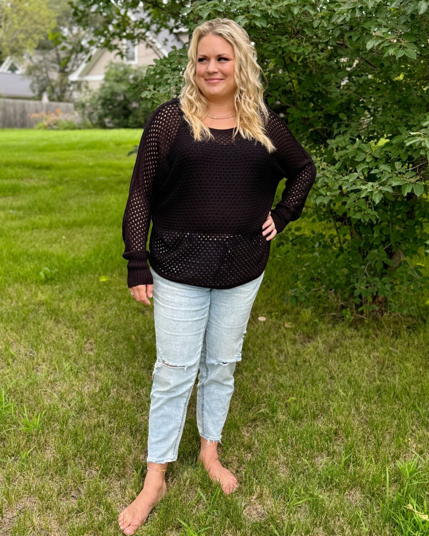 Curvy Black Open Knit Long Sleeve Top