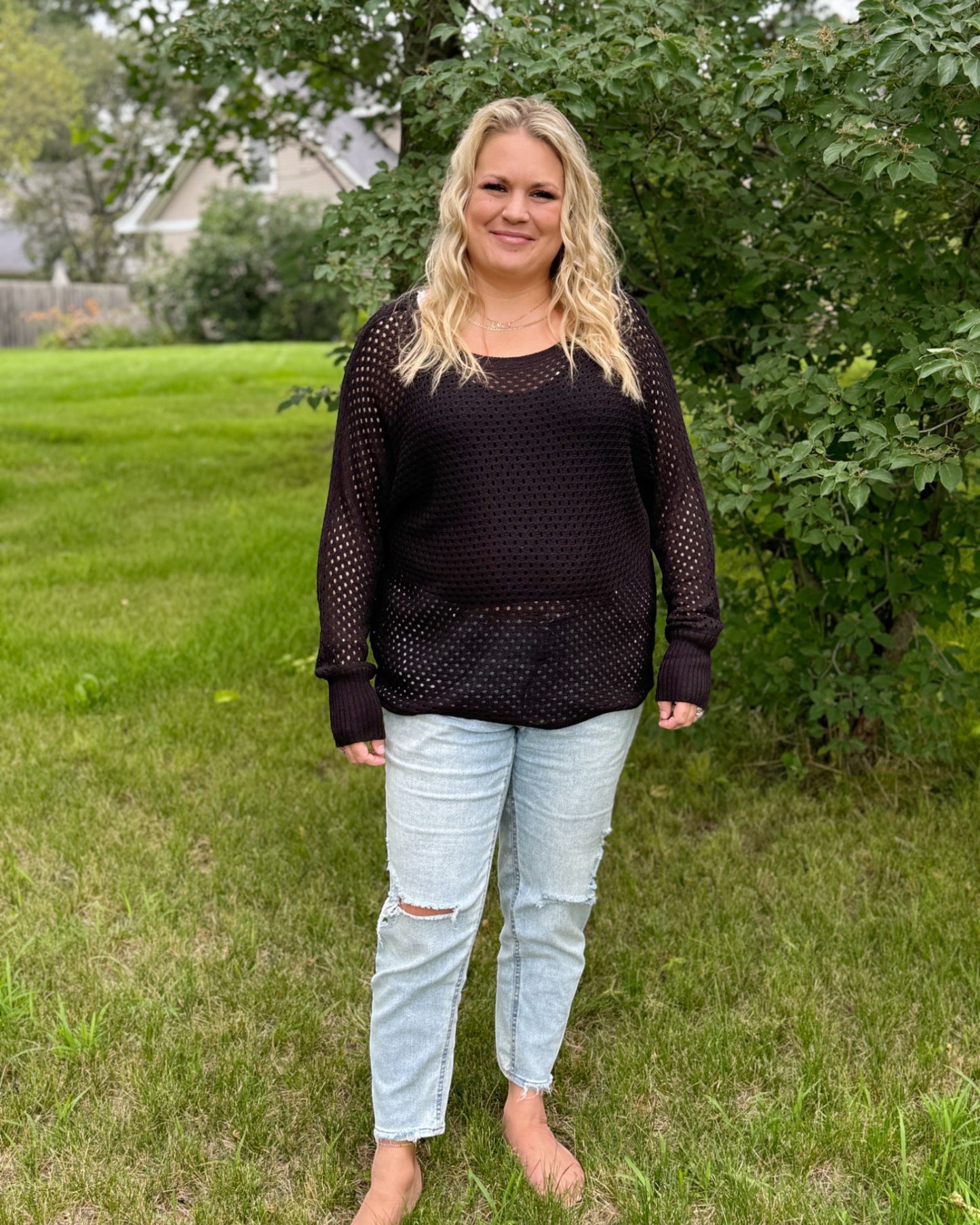 Curvy Black Open Knit Long Sleeve Top