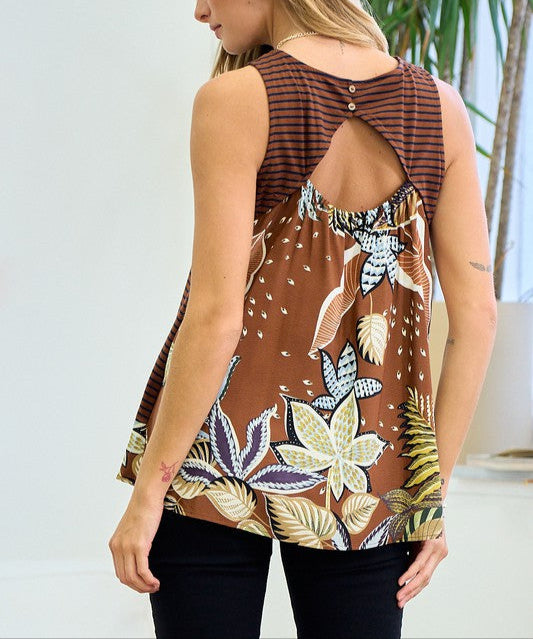 Brown striped and floral print sleeveless top with open back keyhole detail.