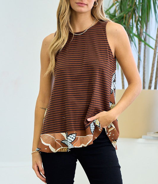 Brown striped and floral print sleeveless top with open back keyhole detail.