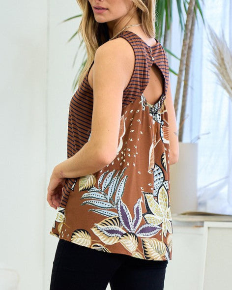 Brown striped and floral print sleeveless top with open back keyhole detail.
