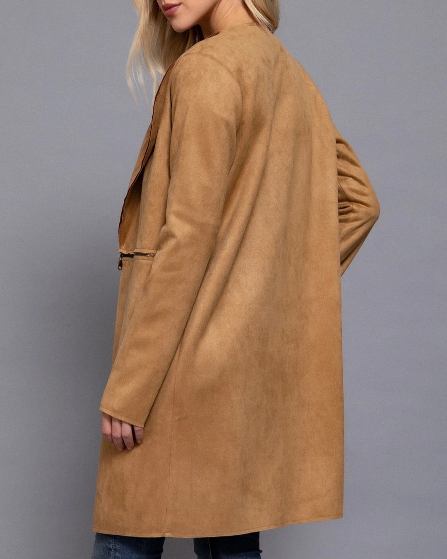 Toffee Mid-Zipper Faux Suede Jacket