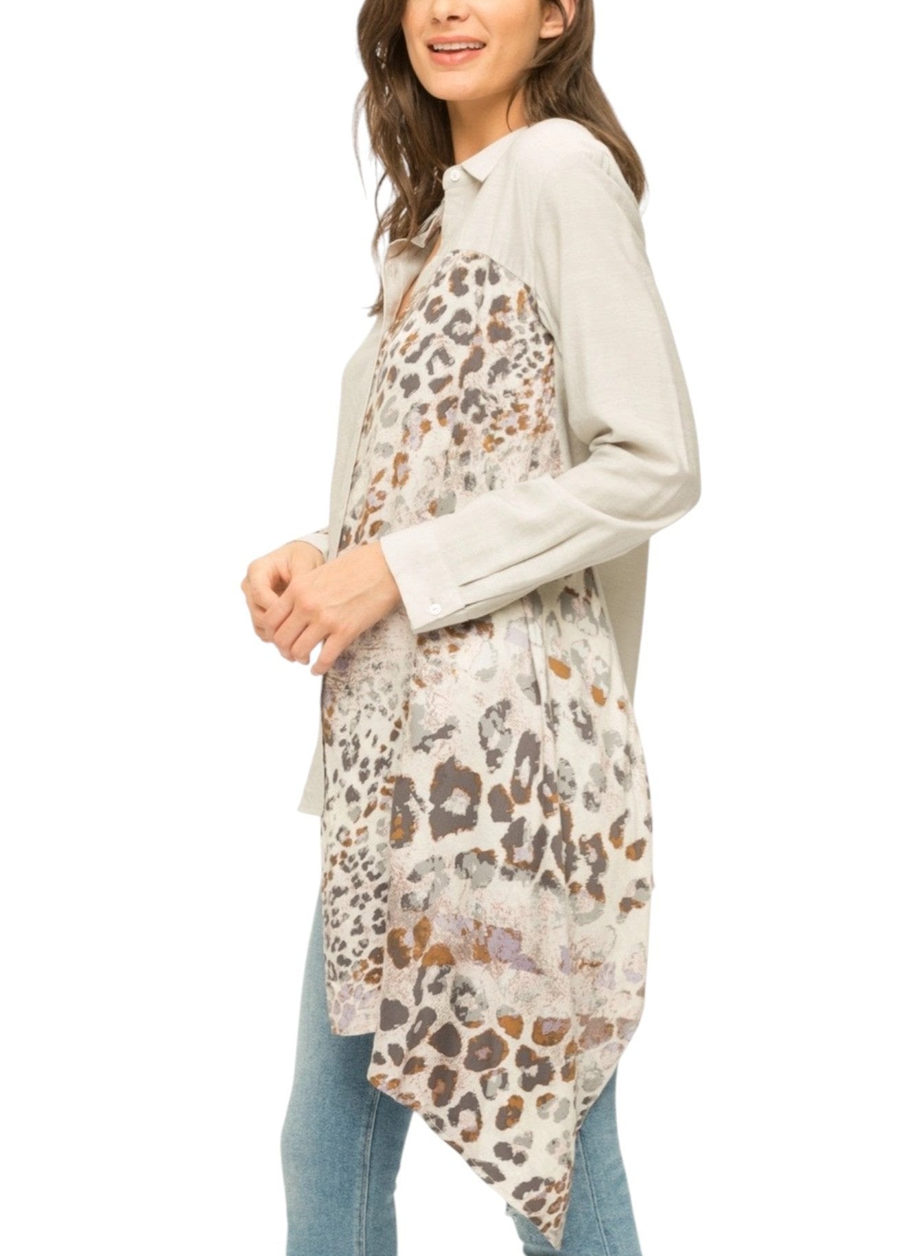 Leopard Luxe High-Low Button-Up Top with scarf-style leopard print inset, long sleeves, and asymmetrical hem in neutral tones.